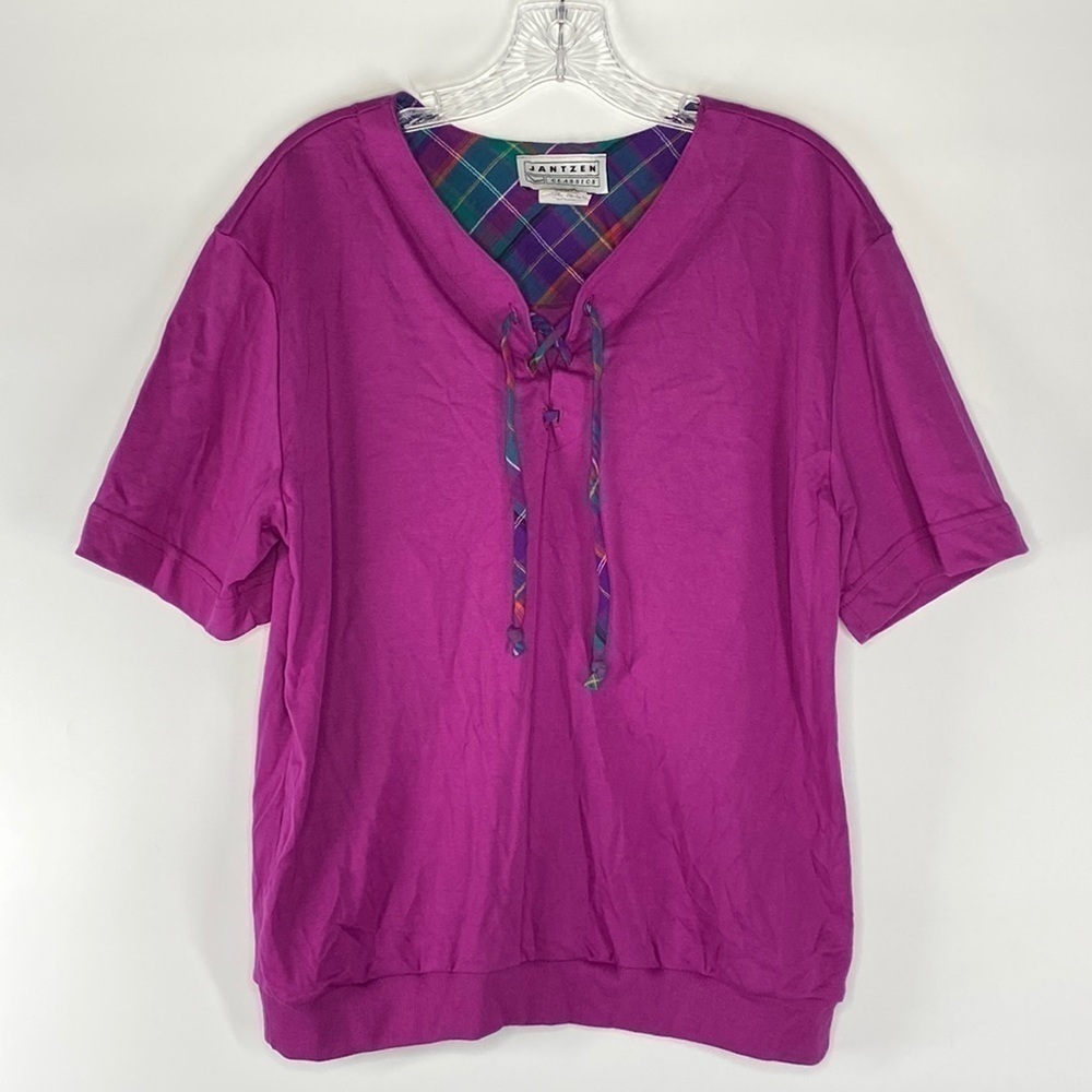 Vintage Jantzen Classics Purple Short Sleeve Shirt Lace Up Front Size Large